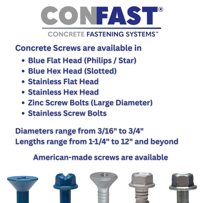 CONFAST 3/16" x 3-1/4" Hex Head Concrete Screw Anchor with Drill Bit for Anchoring to Masonry, Block or Brick (100 per Box) 3/16" x 3-1/4"