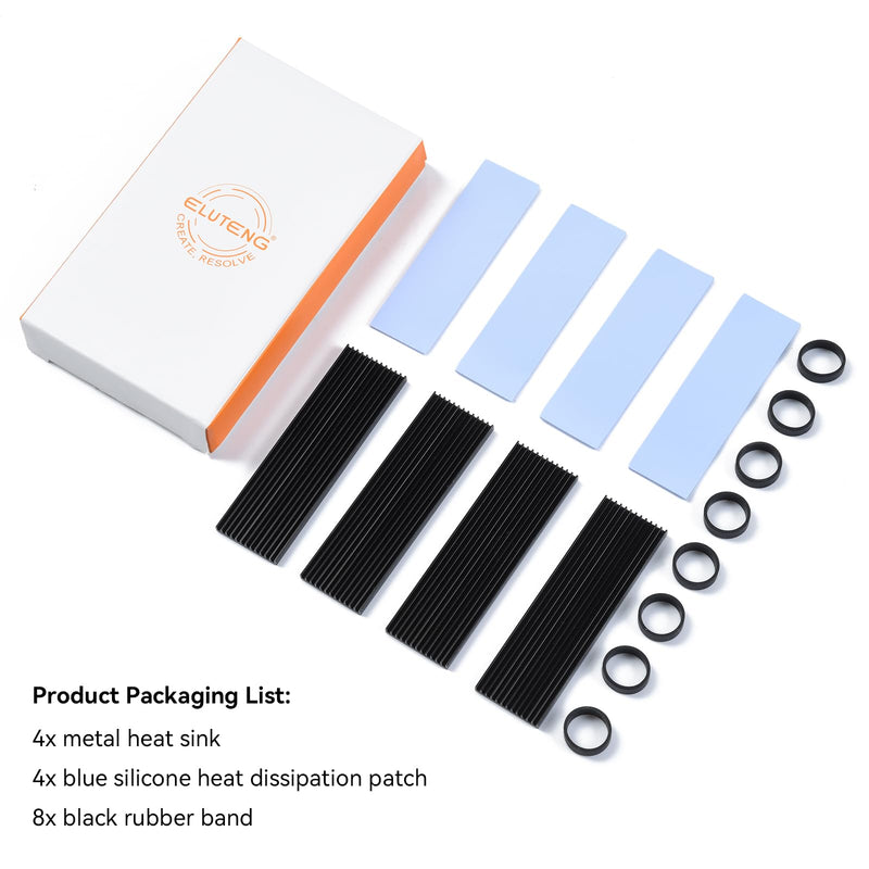 ELUTENG PS5 M.2 Heatsink 4PCS NVMe Heatsink with 4 Thermal Silicone Pads 2280 SSD Heatsink with 8 Black Rubber Straps for PC/PS5 M.2 PCIE NVMe SSD or M.2 SATA SSD