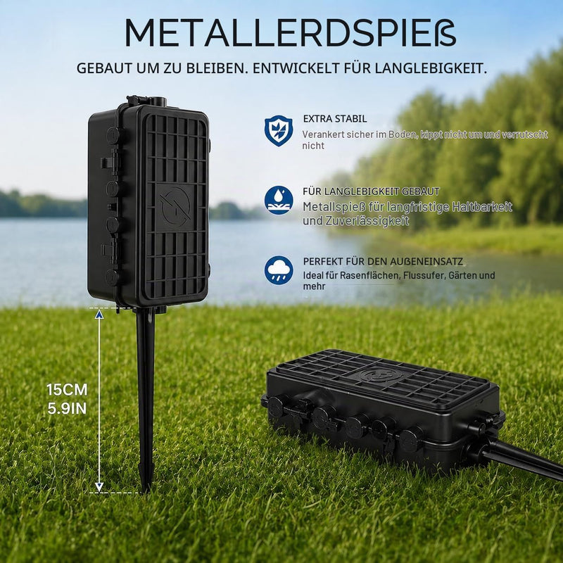 IP65 Waterproof Medium Outdoor Cable Box (26.3 x 13.5 x 9.8 cm), 6 Cable Entrance, Waterproof Connection Boxes with Ground Anchors for Power Strips, Timer Switches and Garden Decoration, Black