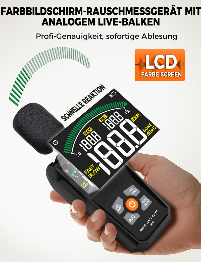 SL01 Decibel Meter, 30-130 dB Sound Level Meter, with A/C Weighting, Data Storage, Maximum/Minimum), Precise dB Meter for Professional, Industrial and Home Use