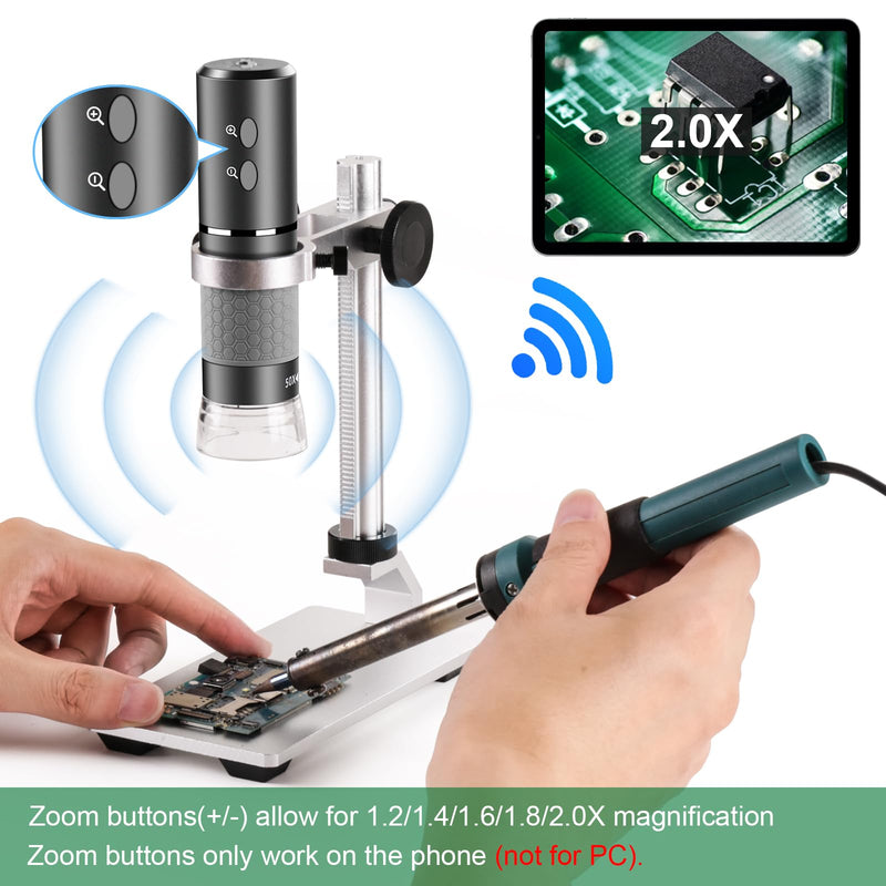 4K 3840x2160p WiFi Digital Microscope Camera with Adjustable Metal Stand, Wireless Portable Microscope for iPhone Android Phone and Windows Mac PC Gray