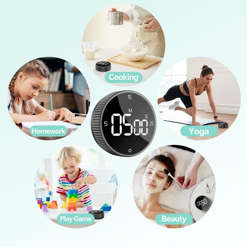 Digital Kitchen Timer, Large Display Magnetic Countdown Countup Timer, 3 Preset Times (5, 15, 25),Volume & Brightness Adjustable for Cooking Classroom Studying, Easy for Kids (Black,2Pcs) Glossy Black 2