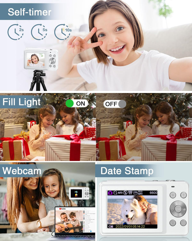 Digital Camera, Kids Camera FHD 1080P Point and Shoot Camera with 16X Zoom Anti Shake, Small Compact Camera for Teen Starter Children Kid Student Girl Boy(Pearl White) Pearl White