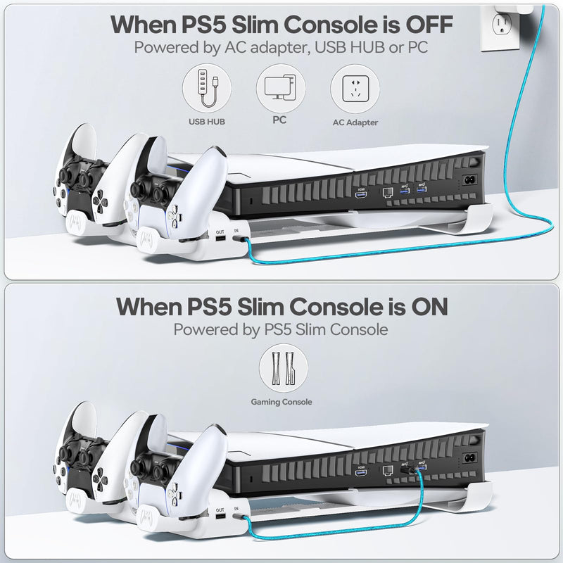 Horizontal Cooling Stand Replacement for PS5 Slim Disc & Digital Only, Dual PS5 Controller Charger with 3-Level RGB Cooling Fan, for 2023 PS5 Slim Console PlayStation 3 Games (NOT Fit 2020 PS5)