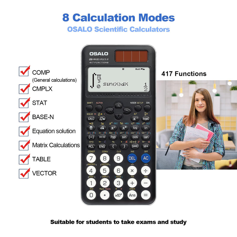 OSALO Scientific Calculator 417 Function 2 Line Written Display 10+2 Digits Solar and Battery Calculators for Students