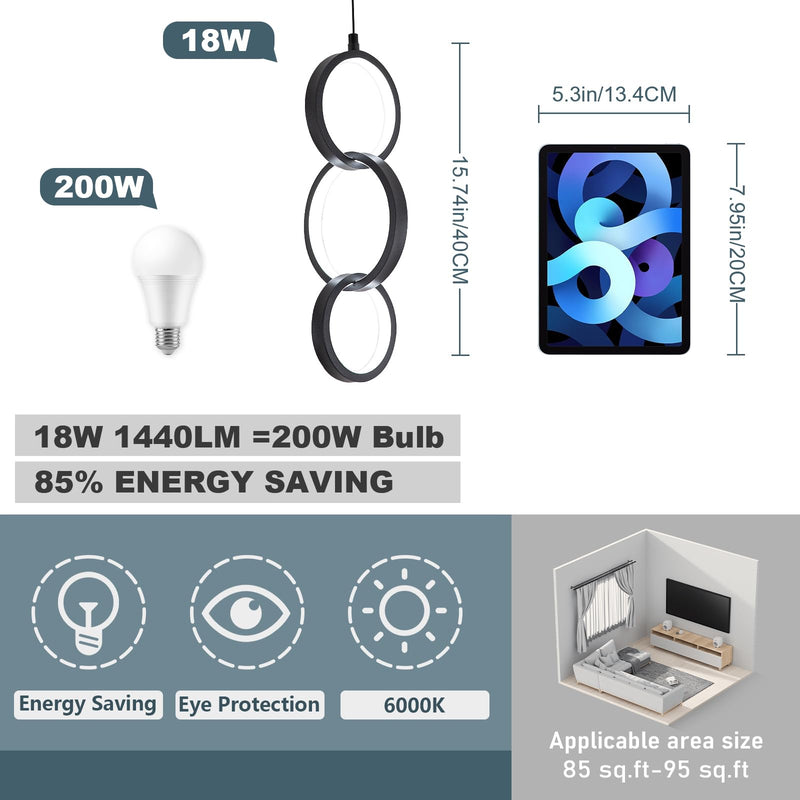 6000K Modern Led Pendant Light Fixture, 18W Black Spiral Led Pendant Lamp Chandelier Hanging Lamp,Adjustable Height Pendant Lights for Kitchen Dining Room Bedroom Kitchen Island, 1 Pack Black,6000K