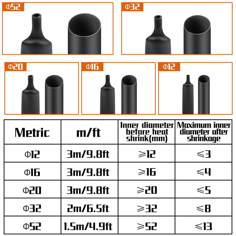 Mbsomnus Heat Shrink Tubing 12mm 4:1 Heat Shrink Tube with Glue (3M) | Waterproof Heat Shrink Tube, Black Heat Shrink Tube, Insulation, Heat Shrink Tube, for Cable Insulation, Repairs Ø12mmx3m