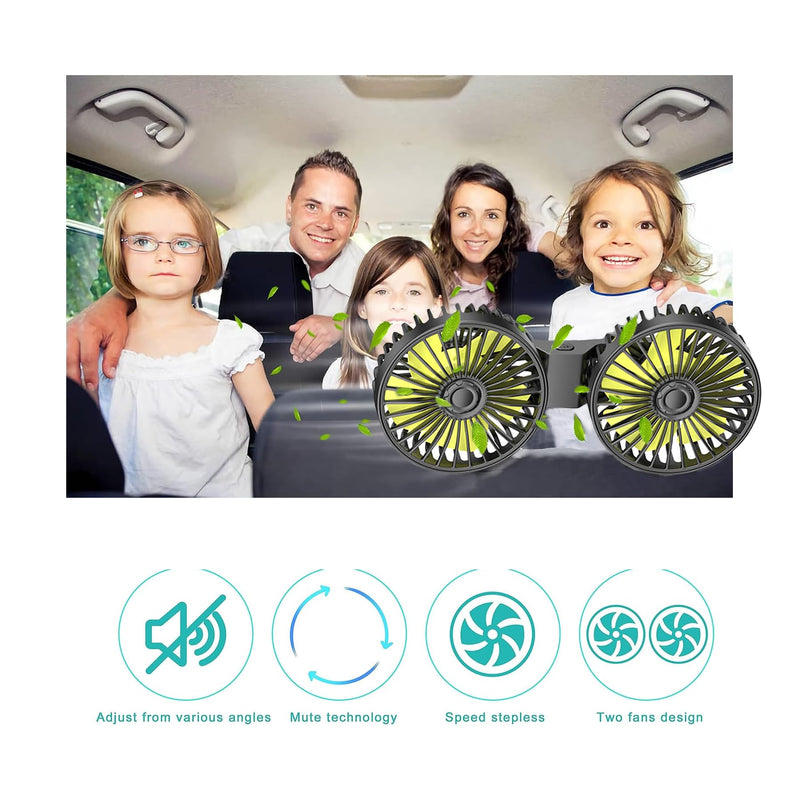 Car Fan, Dual Head USB Car Fans for backseat for kids, 3-Speed Air Speed and 360° Rotating Rear Seat Cooling Carseat Fan 5V Powerful Air Circulation Fan for Sedan SUV RV Truck