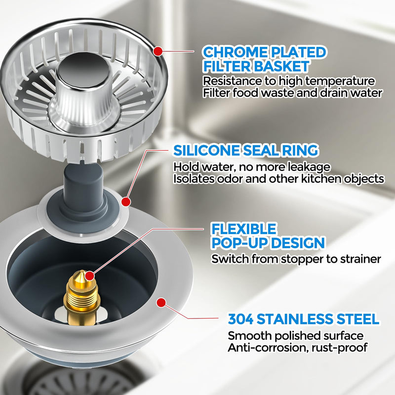 Upgraded 3 in 1 Kitchen Sink Drain Strainer & Sink Stopper, Stainless Steel Kitchen Drain Plug & Sink Installation Parts with Anti-Clogging Basket, Fit US Standard 3-1/2'' Sink Drain Hole Brushed Silver