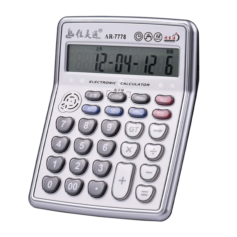 Calculators Large Display,Musical Desktop Calculator 12-Digits LCD Display Electronic Calculator Counter Big Buttons with Music Piano Play Time Date Show Alarm Clock Function for Office