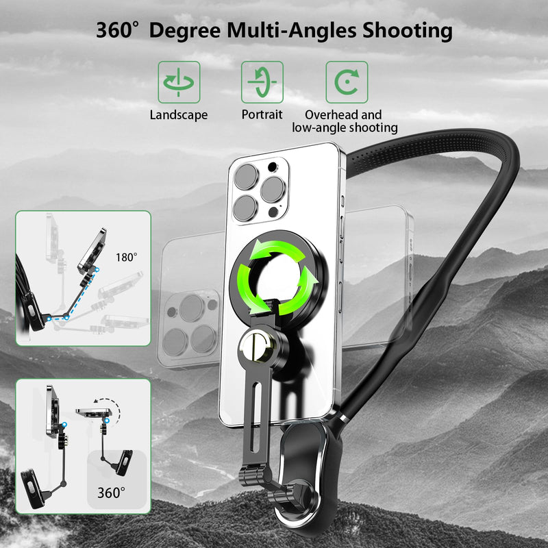4 in 1 Magnetic Neck Mount for Phones,POV/Vlog Neck Phone Holder for Recording w/Chest Strap/Phone Clip Selfie Mount Phone Neck Holder Neck Tripod for iPhone/Android/Go Pro DJI Camera-Black
