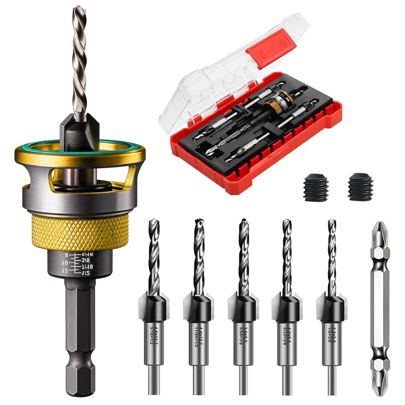 Countersink Drill Bit Set for Wood,17 PCS Counter Sink Drill Bit with 15PCS HSS Tapered Drill Bits and 1/4" Hex Shank Quick Change for Woodworking with Storage Box 17 pcs Yellow