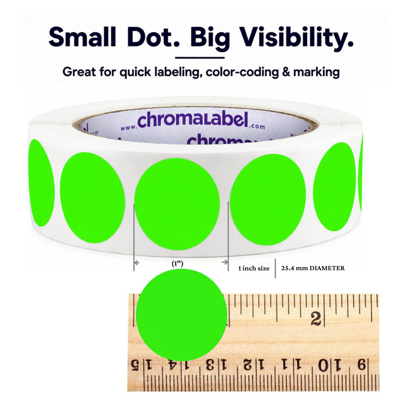 ChromaLabel 1 Inch Round Fluorescent Green Dot Stickers, Writable Matte Paper Color Coding Labels for Inventory, Office, Classroom, Warehouse - 1000 per Roll 1"