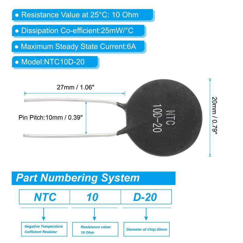 PATIKIL NTC Thermistors Resistors Pack of 5 10 Ohm NTC10D-20 Highly Sensitive Current Limiter Temperature Sensor for Measuring Temperature Black
