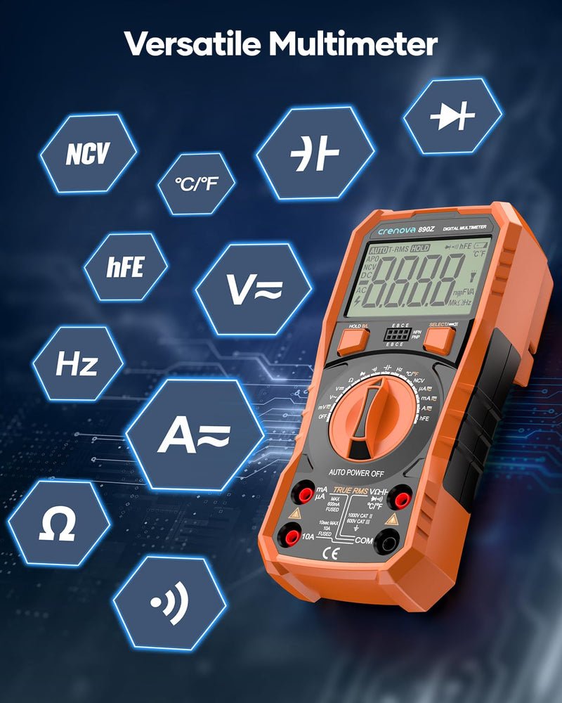 Crenova 890Z Digital Multimeter 6000-Count TRMS 1000VDC/750VAC Auto-Ranging | Measures AC/DC Voltage, Current, Resistance, Capacitance, Diode, Continuity, Transistor (hFE), Temperature, NCV