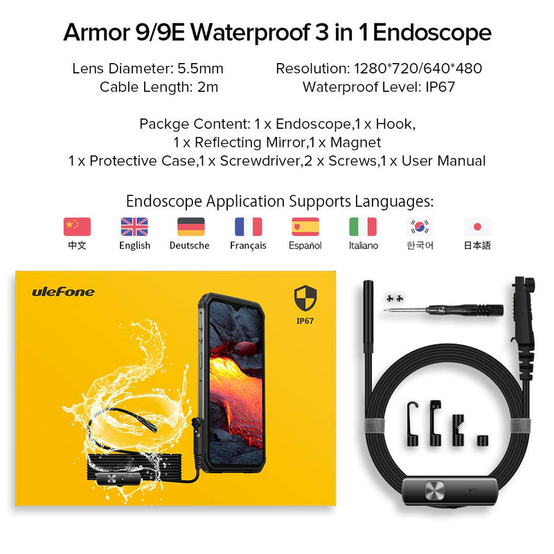 Ulefone uSmart Endoscope E01 for Ulefone Armor 34/33/30/29/28/26/24/21/Pad Series, IP67 Waterproof 3-in-1, 2M Semi-Rigid, 5.5 mm Borescope Inspection Camera, 6 LED Lights Single Camera