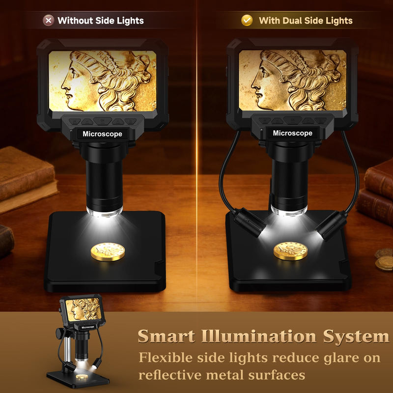 4.3" LCD Digital Coin Microscope with 2 Side Lights | For coin dates, mint marks and error coin checks. 4.3" screen works without a computer; side lights help reduce shadows 4.3inch