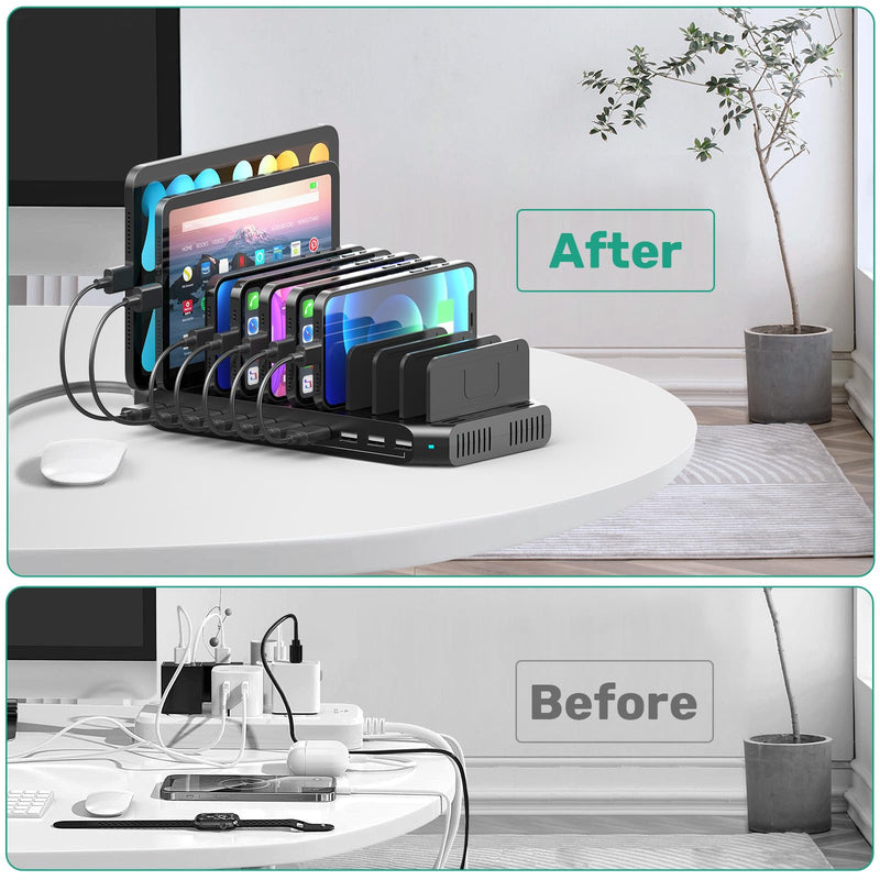 10-Port Multi Charging Station, 60W USB Tablet Charging Station for Multiple Devices, USB Charging Dock Multi Device Charger Organizer with Adjustable Dividers for Tablets, Smartphones Ebony