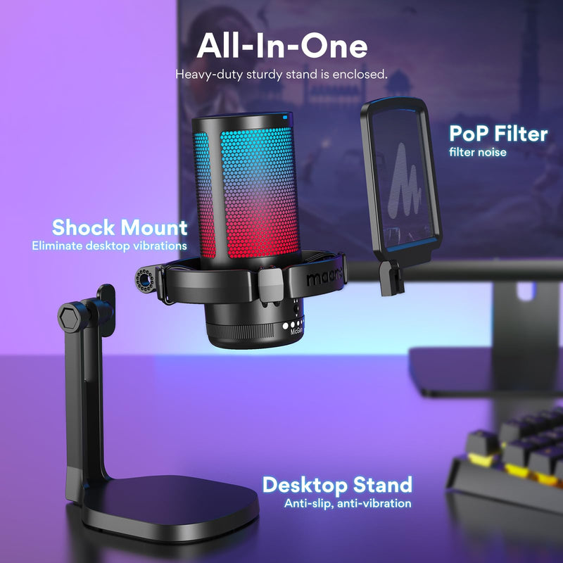 MAONO USB Gaming Microphone for PC, Noise Cancellation Condenser Mic with RGB Lights, Mute, Gain for Streaming, Recording, Podcast, Chat, Twitch, YouTube, Discord, Computer, PS5, PS4, GamerWave Black