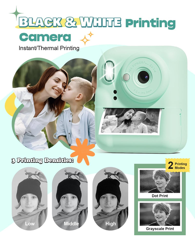 Seckton Kids Camera Instant Print, Upgrade Selfie Digital Camera for Kids, Christmas Birthday Gifts for Boys Girls Age 3-12, Toddler Portable Travel Toy with HD 1080P Video-Green Green