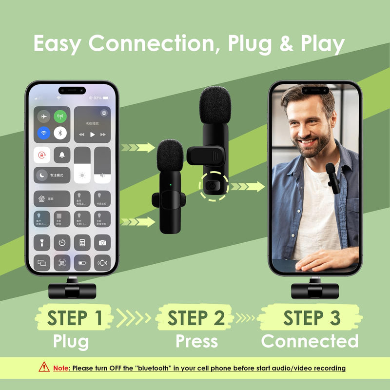 2-in-1 Wireless Lavalier Microphone for iPhone/Android/Camera/USB-C – Noise Cancelling Lapel Mic, 7-Hour Mini Clip-On Battery, for Vlogging, YouTube, TikTok, Live Streaming & Video Recording