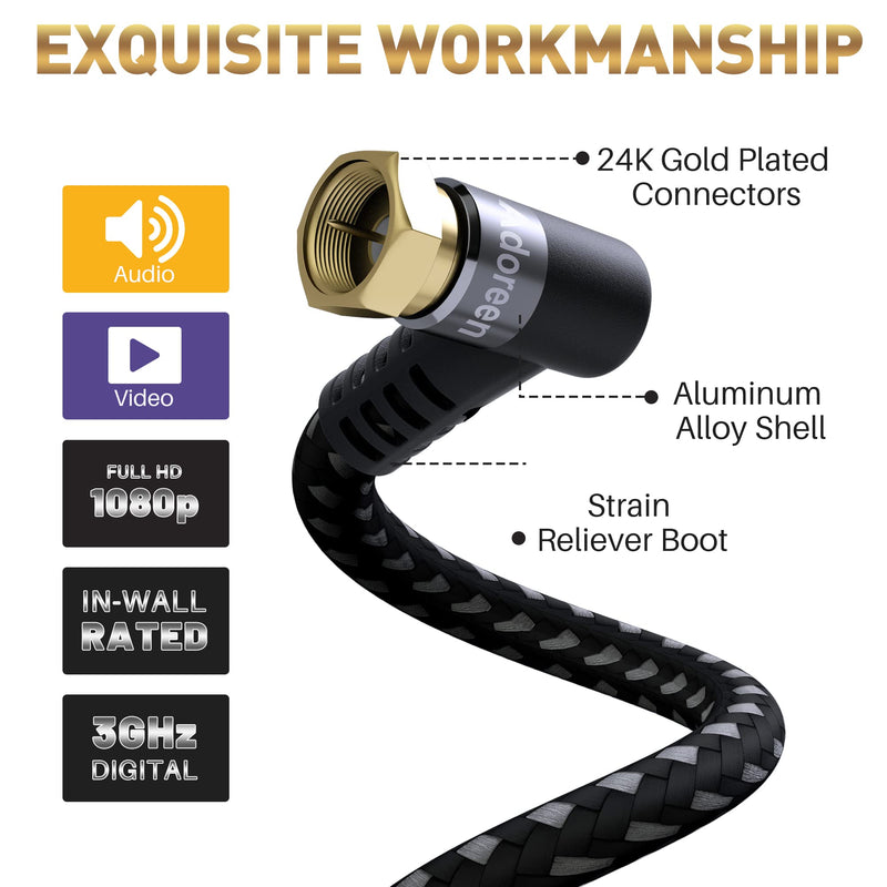 Adoreen Coaxial Cable 10 ft-2 Pack-Right Angle Quad Shielded 90 Degree RG6 Coax Cable Cord, Male F Gold-Plated Nylon-Braided, in-Wall, Digital TV Aerial AV with Angled Male to Female Adapter+15 Ties 10ft-2PK Angled to Straight