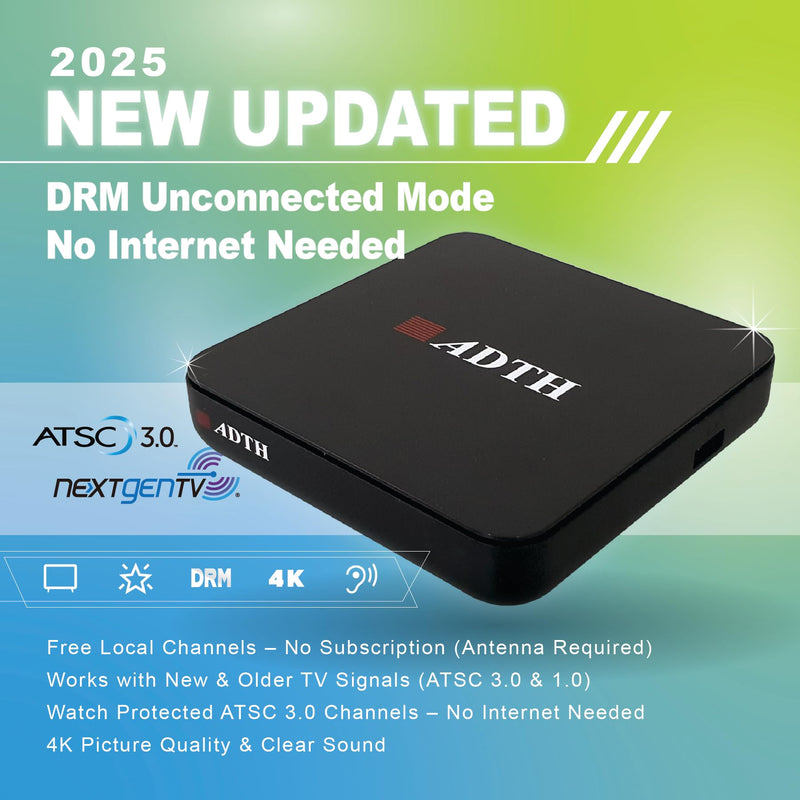ADTH NextGen TV Box Gen 2, ATSC 3.0/1.0 Digital Tuner and Receiver, OTA Broadcast. DRM Support. No Internet Required