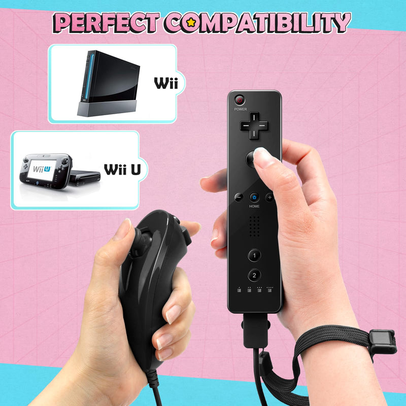 PGYFDAL Wii Controller 2 Pack, Wii Remote Controller and Nunchuck Joystick with Silicone Case and Wrist Strap for Holiday (Black and Pink) Black and Pink