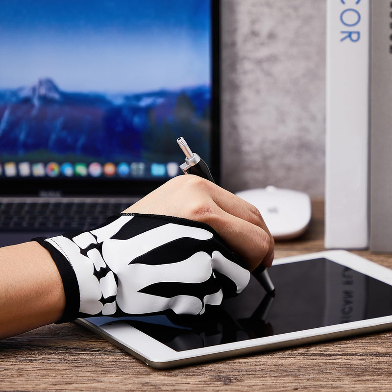 Jecery 2 Pieces Skeleton Artist Glove for Drawing Tablet Glove for Graphics with 2 Finger Digital Tablet Drawing Glove Palm Rejection Glove for Pad Painting Writing, Right Hand, 2.76 x 7.28 Inches