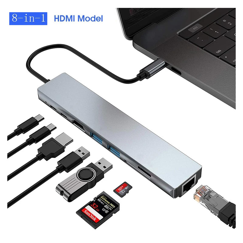 USB C Laptop Docking Station 8 in 1 USB C Hub Adapter with 4K HDMI,Ethernet,2 USB,Type-C,SD TF Card Reader,PD 100W Compatible with iPhone16/MacBook/Dell and Other Type C Laptops Device