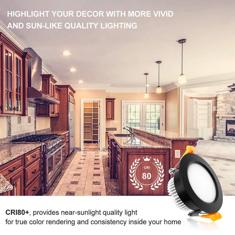 YGS-Tech 3 Inch LED Recessed Lighting, Dimmable Downlight 5W(40W Halogen Equivalent), CRI80, 3000K Warm White, Ceiling Light with LED Driver(4 Pack) 3000k (Warm White) Black-3Inch-4Pack