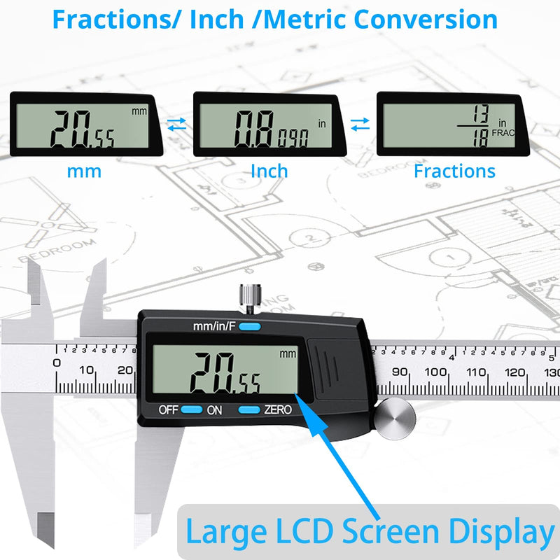 eSynic Digital Caliper 150mm/6 Inch Stainless Steel Caliper Electronic Caliper Inch/Metric/Fraction Conversion for Distances Diameter, Depth, Inner Diameter, Outer Diameter, Black... Model A-Black