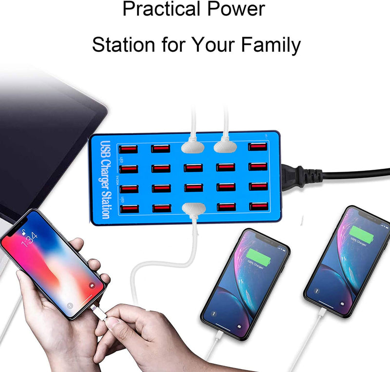 USB Charger Station,20-Port 100W/20A Multiple USB Charging Station,Multi Ports USB Charger Charging for Smartphones，Tablets，and Other USB Devices. LIght blue-20 port