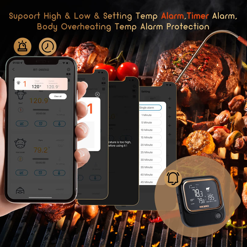5GHz WiFi & Bluetooth 5.1 Meat Thermometer, Inkbird WiFi Grill Meat Thermometer for Grilling Smoker BBQ Cooking with 4 Probes, IBT-26S Wireless APP Control, Alarm Timer, Backlit LCD, Rechargeable 26S