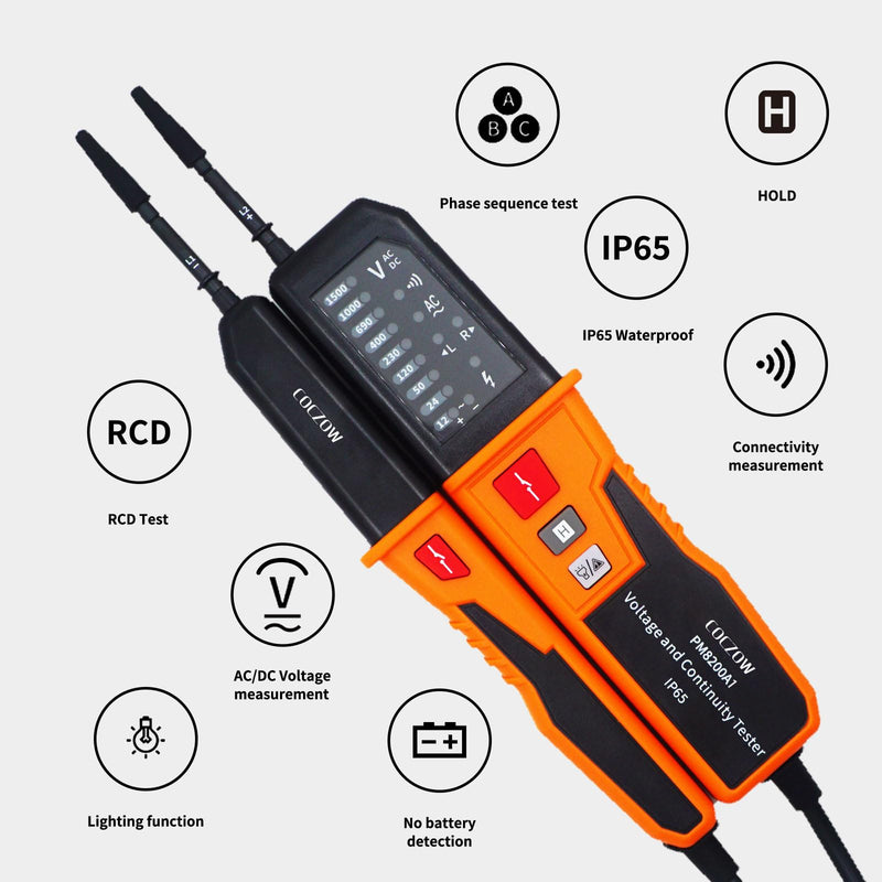 Voltage Tester, Continuity Tester, Automatic Range 12V ~ 1000V, IP65 Multifunctional Comprehensive Electrical Tester, Can Measure AC/DC Voltage, Phase Sequence, Continuity, RCD, Battery-Free PM8200A1