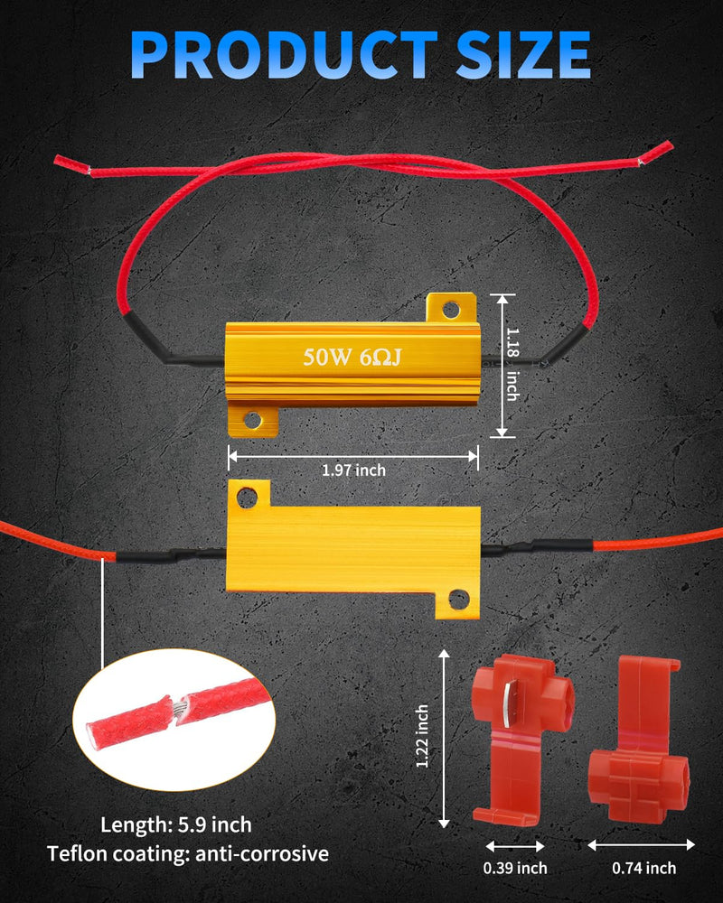 AUXLIGHT 4Pcs Quality 50W 6ohm Load Resistors - Fix LED Bulb Hyper Flash/Error Code, Turn Signal Fast Blinker (Resistors get very hot during working) 4 Pieces Gold