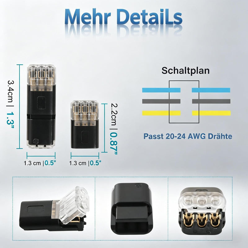 D3 Cable Connector Waterproof 3-Pin Set of 20 12 V Connector | Safe power thief car alternative for 20-24 AWG. Insulated connector, ideal for car and motorcycle LED flame retardant housing B