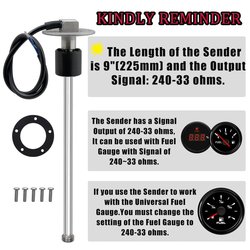 Geloo 240-33 Ohms Marine Fuel Sending Unit - Stainless Steel Gas Sender Level Gauge Sensor for Boats - 5 Hole Lever Unit for Fuel & Water Gauges - 9"(225mm) 240-33ohm 225MM-9inch