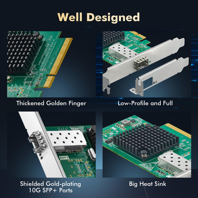 Binardat 10G SFP+ PCIe Network Adapter, Intel X520 82599 LAN Controller, 10G/1G/100Mbps SFP+ Slot NIC Card for Windows/Linux/VMware 1x10 Gigabit SFP