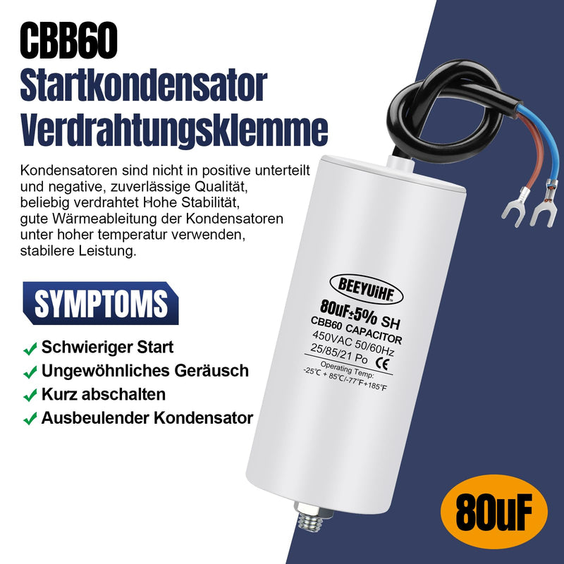 BEEYUIHF CBB60 motor capacitor 80µF 450V capacitor 50/60Hz starting capacitor 80uF motor running capacitor with connection cable for electric motor 50 x 110 mm 80µF / 80uF