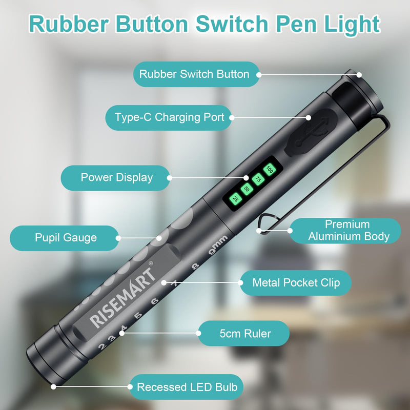 RISEMART Medical Diagnostic Light, Rechargeable LED Pupil Light with Battery Display, Warm/Cool White & Continuous Dimming, Portable Aluminum Medical Digital Penlight black