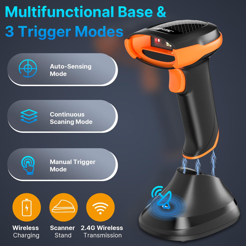 AGPTEK Bluetooth & 2.4GHz Wireless Barcode Scanner with Battery Indicator, Replaceable Battery, 2D/1D QR Code Reader, Wireless Charging Cradle, Ideal for Retail & Warehouse Use