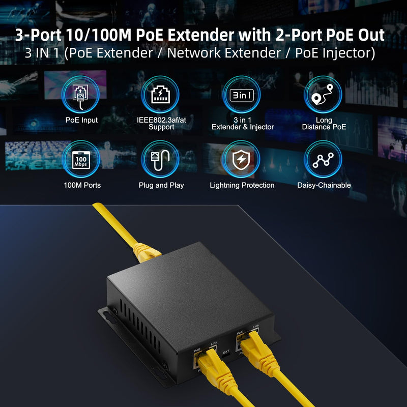 MokerLink 3 Ports 100M PoE Passthrough Switch, IEEE 802.3af/at PoE Repeater, 10/100Mbps, 1 PoE in 2 PoE Out, Wall Mount, PoE Extender/Injector/Network Extender Three in one 3 Port 100M