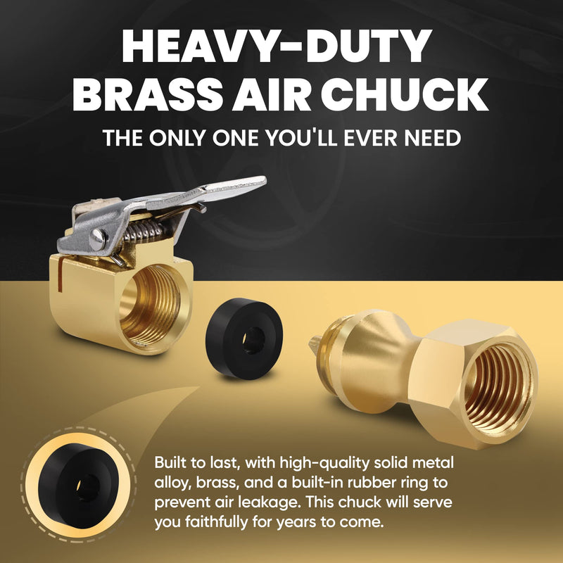 Tire Air Chuck Quick Connect - Open Flow Heavy-Duty Locking Air Chucks for Tires - 250 PSI Rated Brass Air Compressor Tire Inflator Attachment, 1/4'' Female NPT Thread Fits Most Air Hoses - 2 Pack