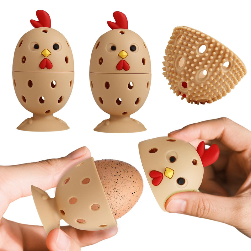 4PCS Silicone Egg Cleaner Brush Set, Egg Wash Brush Scrubber for Fresh Eggs Fruits Vegetables, Reusable Non-Scratch Multifunctional Rotating Egg Washer Tool (Brown) Brown