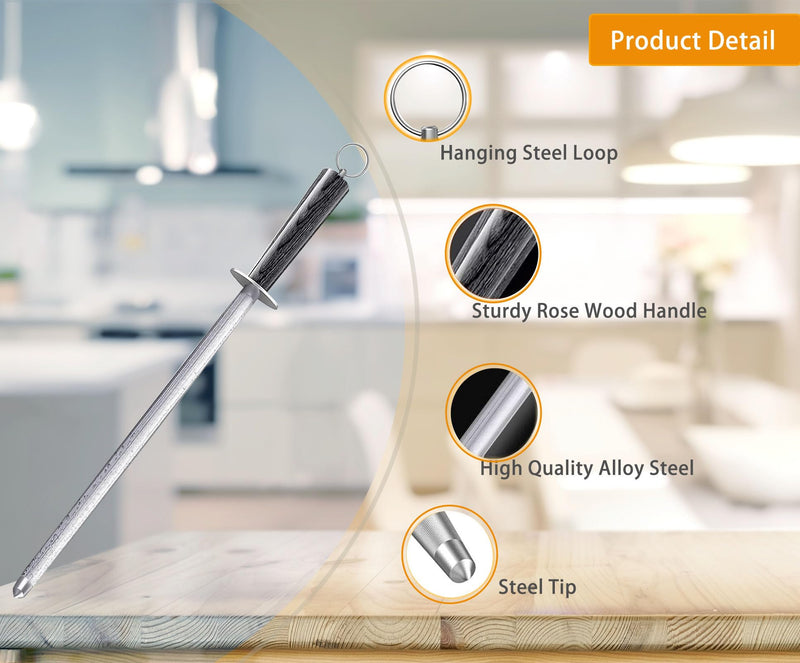 【𝐂𝐨𝐦𝐦𝐞𝐫𝐜𝐢𝐚𝐥 𝐆𝐫𝐚𝐝𝐞】Honing Rod,12" Knife Sharpener Rod Knife Sharpening Steel Rod Adopt 66HRC Hard Alloy Steel Material With Rosewood handle for Knives 12’