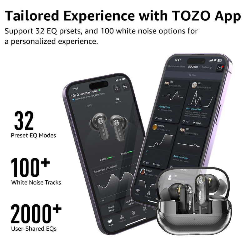 TOZO Hybrid Active Noise Cancelling Wireless Earbuds, 10mm Drivers Deep Bass Stereo Sound, 4 Mics Smart ENC AI Calls, 32 EQ Customization via App, Bluetooth 5.4 Headphones, Crystal Case Design Black