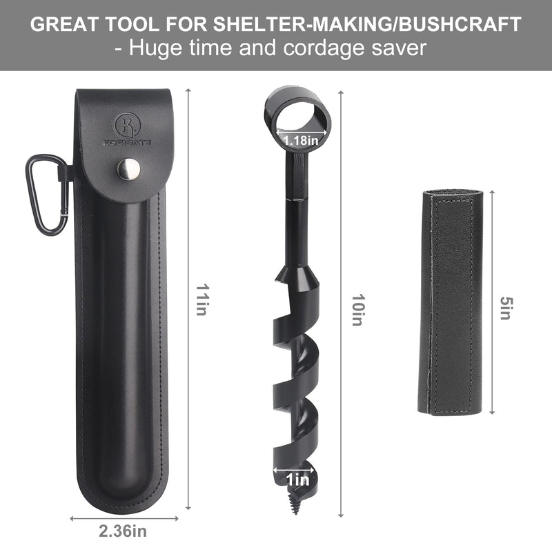 KOSIBATE Bushcraft Gear, Hand Auger Wrench for Easy Wood Drilling - Settlers Wrench and Bushcraft Tools Perfect for Camping and Woodworking Tasks-Scotch Eye Wood Drill with Leather Case Brown Black