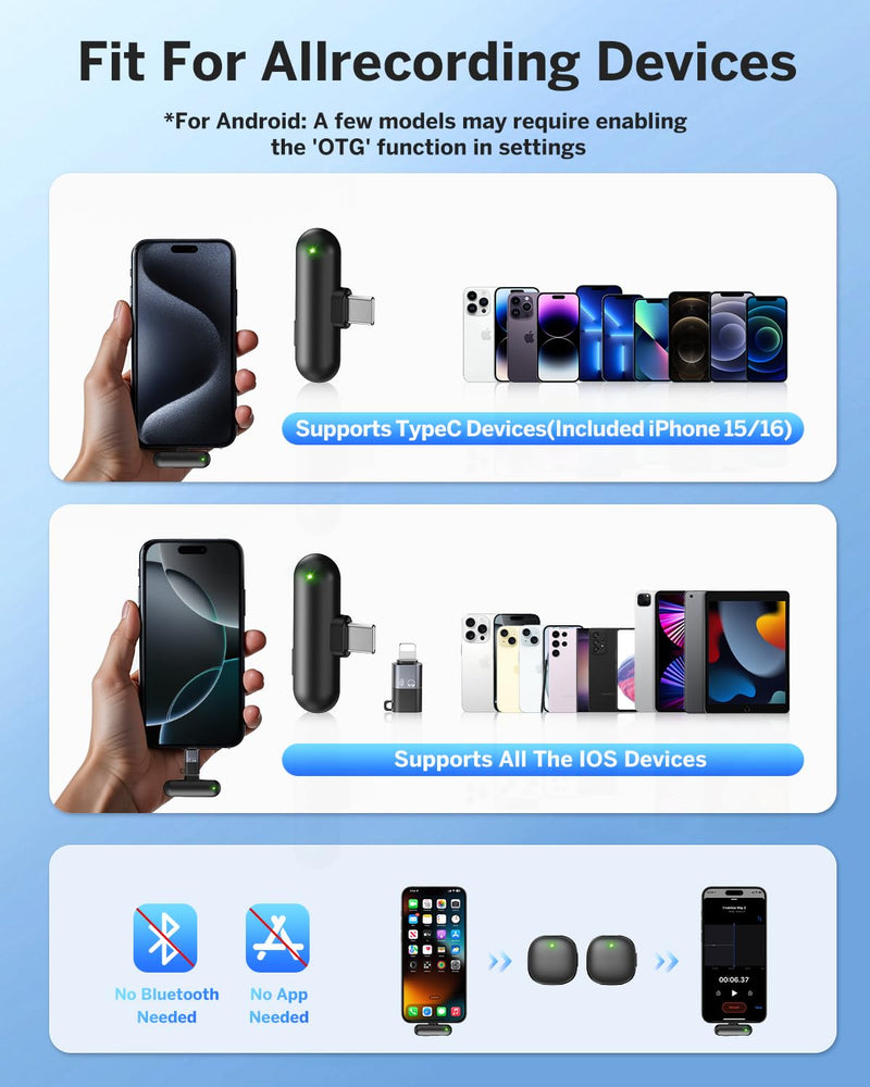 Mini Wireless Lavalier Microphone for iPhone/Android/PC/Tablets, Lapel Mics with USB-C/Lightning Plug, AI Noise Cancelling, Magnetic Mic, 40H Battery Life with Charging Case for Stream, Vlog, TikTok All iPhones & Androids (USB-C + Lightning) Black
