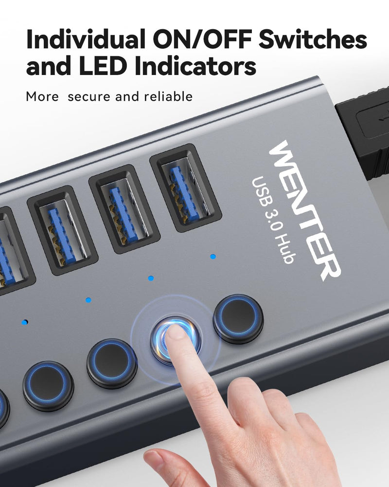 Powered USB 3.0 Hub, Wenter 13 Ports Powered USB Hub with SD/TF Card Reader, Aluminum USB Splitter with Individual On/Off Switches, 12V/3A 36W Power Adapter for PC/Laptops Aluminum 13 Ports
